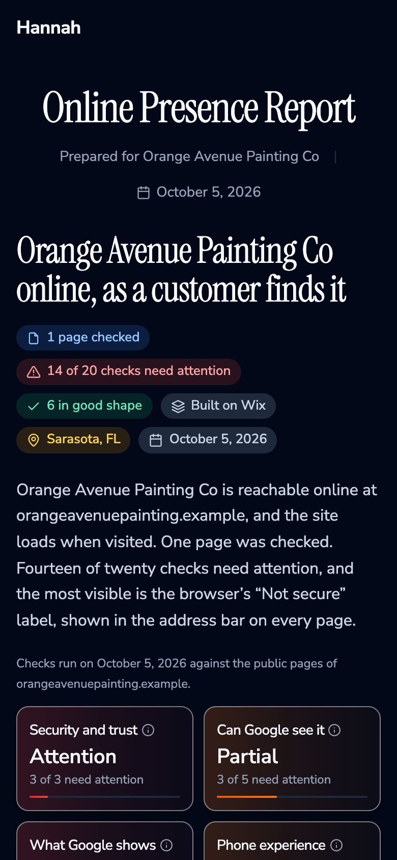 A ShowFirst online presence report for a painting company, on a phone, dark theme